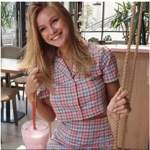 Brandy Melville pink and blue plaid Cara skirt